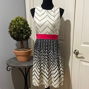 Eliza J Black and White Chevron Midi Dress with Pink Waistband